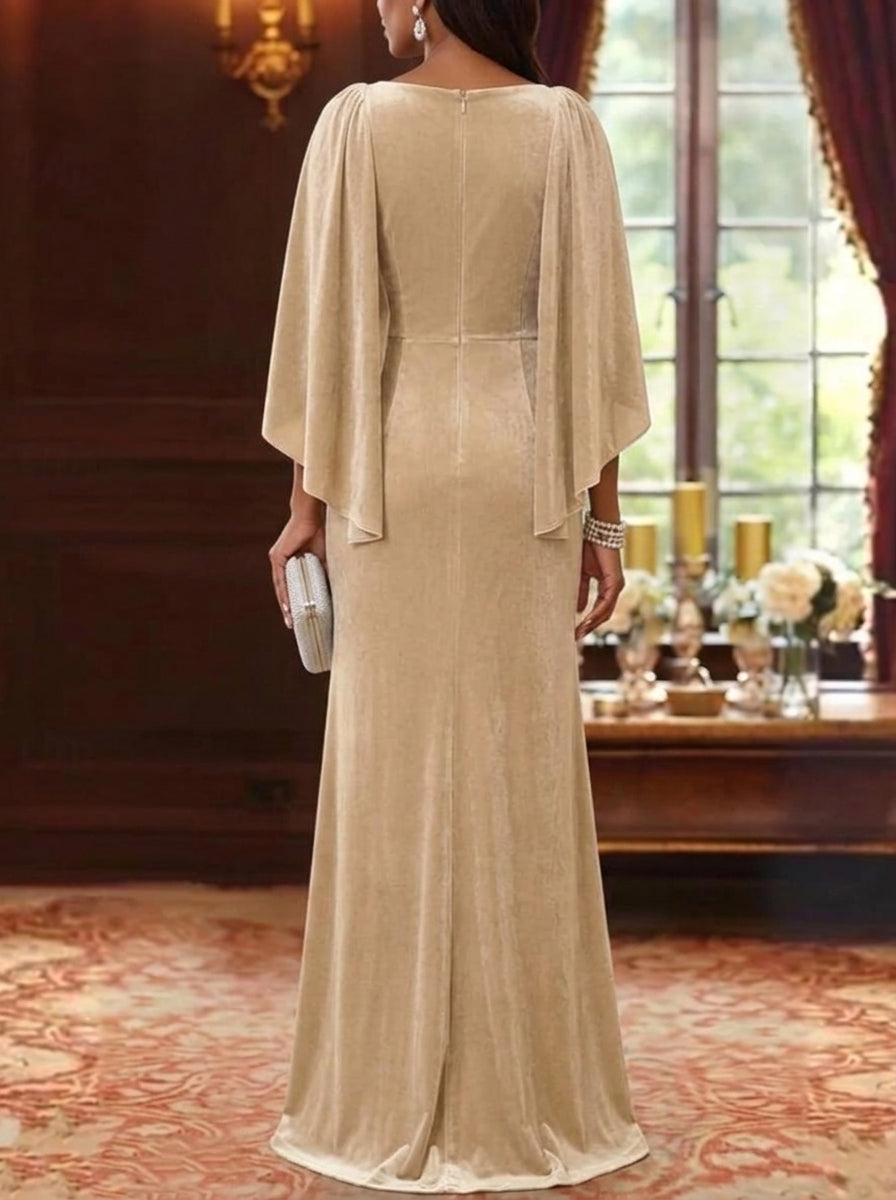 A-Line/Princess Boat Neck Velvet Mother of the Bride Dresses 3/4 Sleeves Asymmetrical Floor-Length Ruched