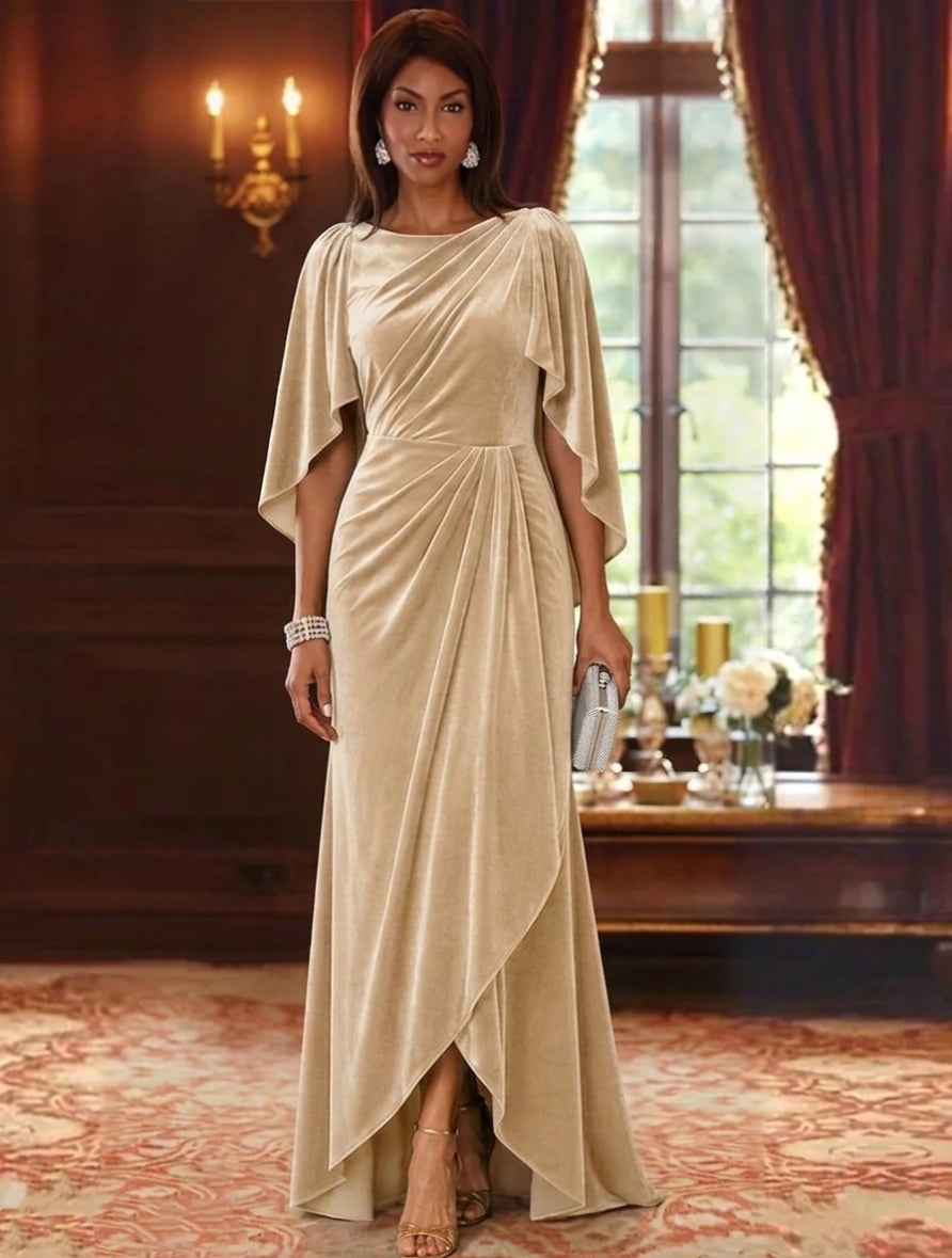 A-Line/Princess Boat Neck Velvet Mother of the Bride Dresses 3/4 Sleeves Asymmetrical Floor-Length Ruched