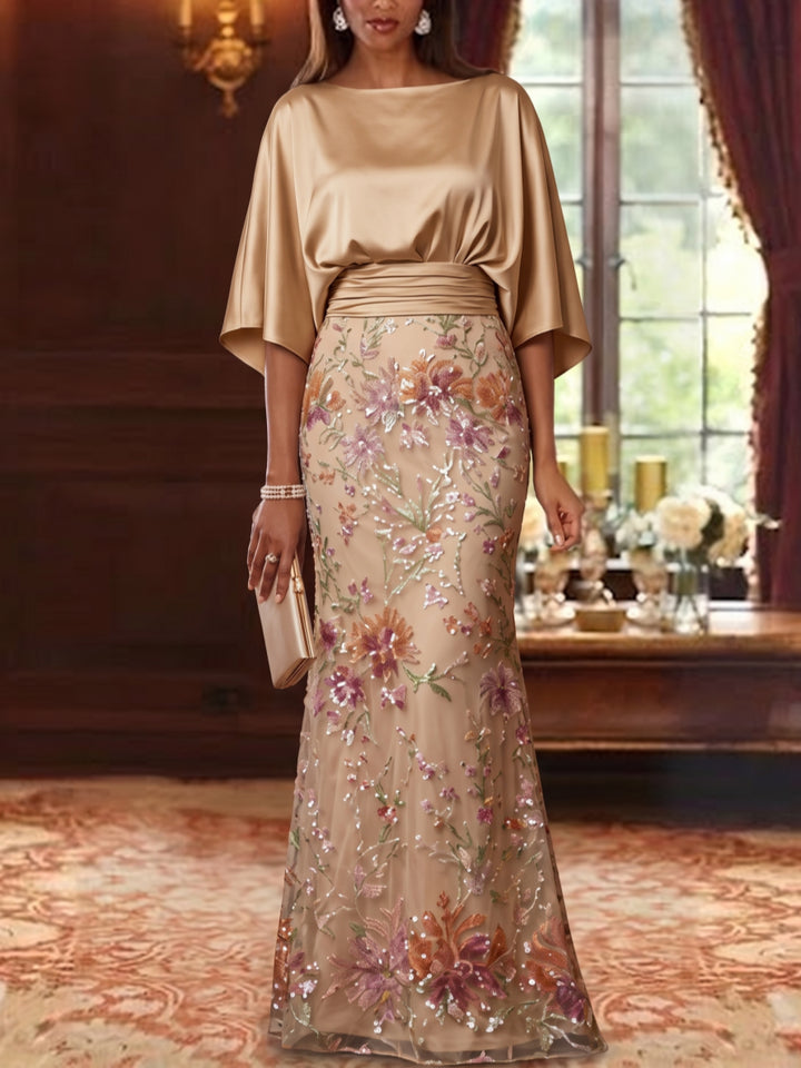 Trumpet/Mermaid Boat Neck Silk Satin Mother Of The Bride Dresses Lace Sequins Floor Length 3/4 Sleeves