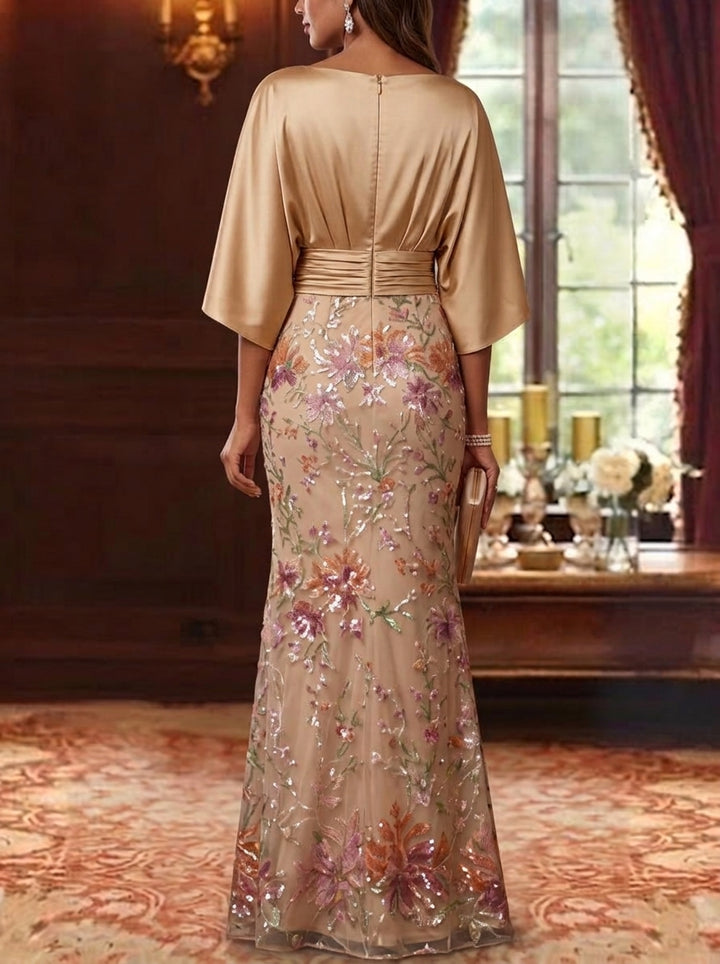 Trumpet/Mermaid Boat Neck Silk Satin Mother Of The Bride Dresses Lace Sequins Floor Length 3/4 Sleeves
