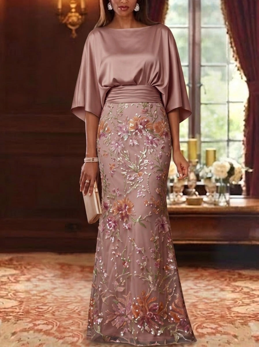 Trumpet/Mermaid Boat Neck Silk Satin Mother Of The Bride Dresses Lace Sequins Floor Length 3/4 Sleeves