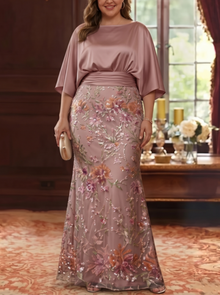 Trumpet/Mermaid Boat Neck Silk Satin Plus Size Mother of The Bride Dresses Lace Sequins Floor Length 3/4 Sleeves
