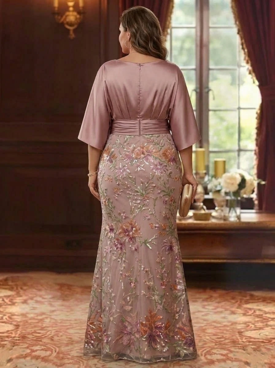 Trumpet/Mermaid Boat Neck Silk Satin Plus Size Mother of The Bride Dresses Lace Sequins Floor Length 3/4 Sleeves