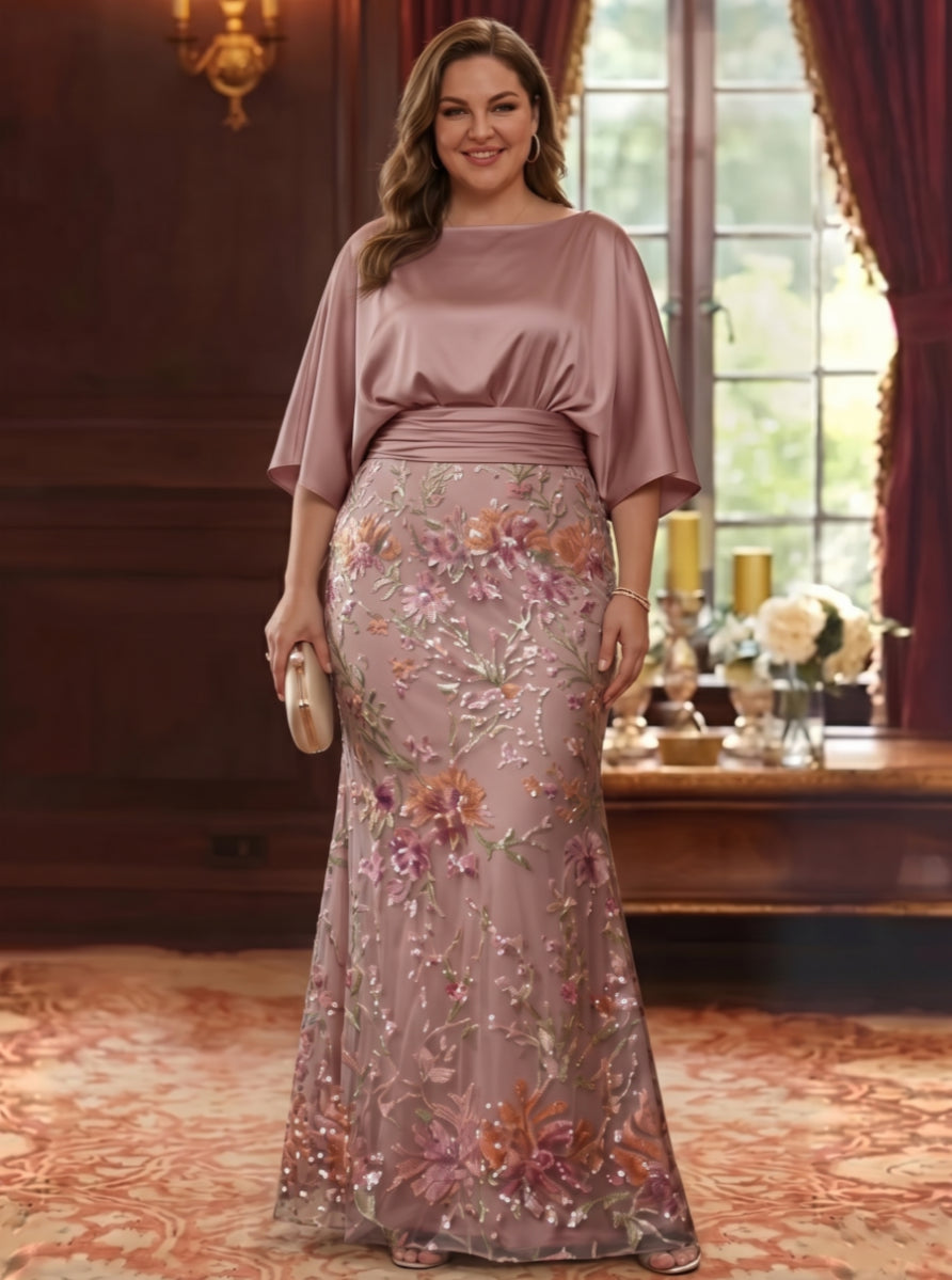 Trumpet/Mermaid Boat Neck Silk Satin Plus Size Mother of The Bride Dresses Lace Sequins Floor Length 3/4 Sleeves