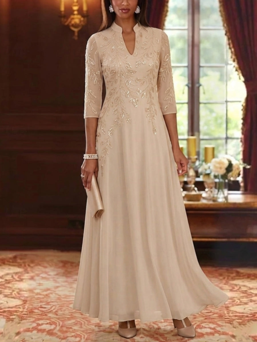 A-Line/Princess V-Neck Chiffon Mother of the Bride Dresses Lace Sequins 3/4 Sleeves Ankle-Length