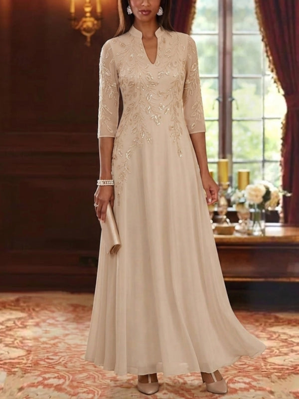 A-Line/Princess V-Neck Chiffon Mother of the Bride Dresses Lace Sequins 3/4 Sleeves Ankle-Length