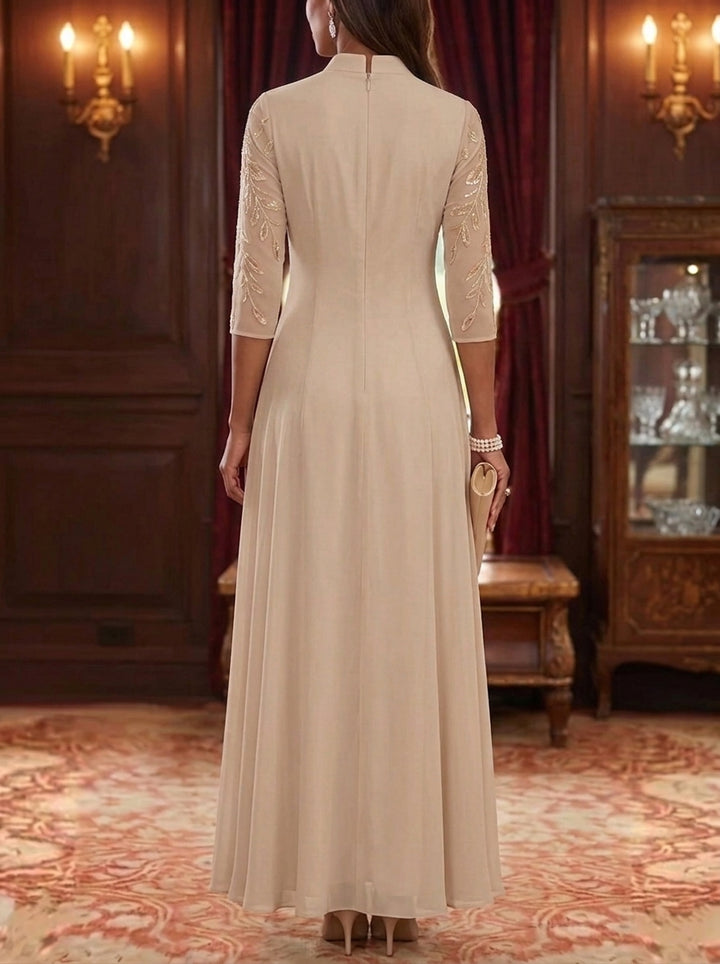 A-Line/Princess V-Neck Chiffon Mother of the Bride Dresses Lace Sequins 3/4 Sleeves Ankle-Length