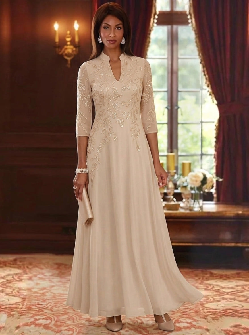 A-Line/Princess V-Neck Chiffon Mother of the Bride Dresses Lace Sequins 3/4 Sleeves Ankle-Length