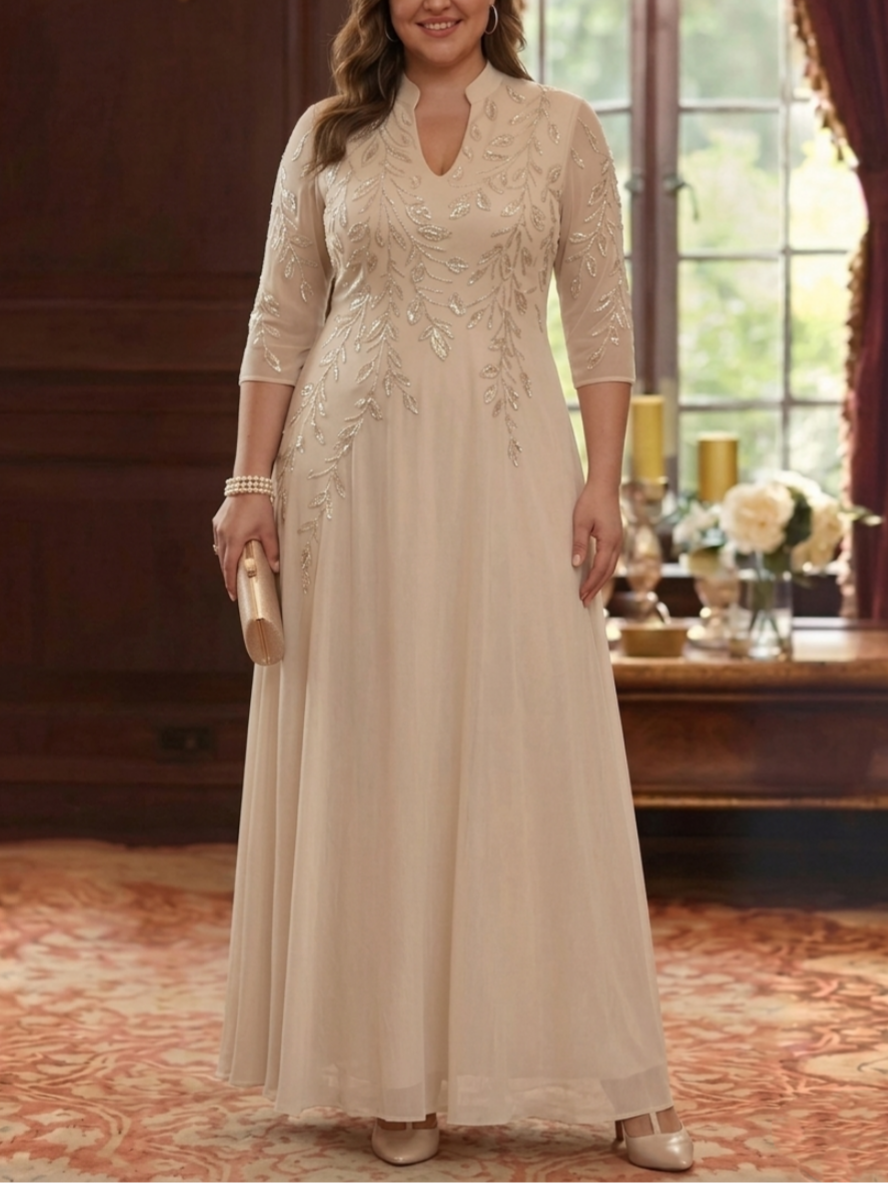 A-Line/Princess V-Neck Chiffon Plus Size Mother of the Bride Dresses Lace Sequins 3/4 Sleeves Ankle-Length