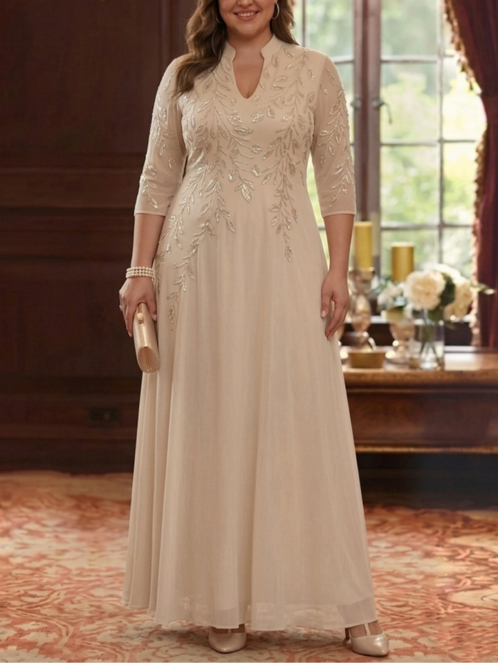 A-Line/Princess V-Neck Chiffon Plus Size Mother of the Bride Dresses Lace Sequins 3/4 Sleeves Ankle-Length