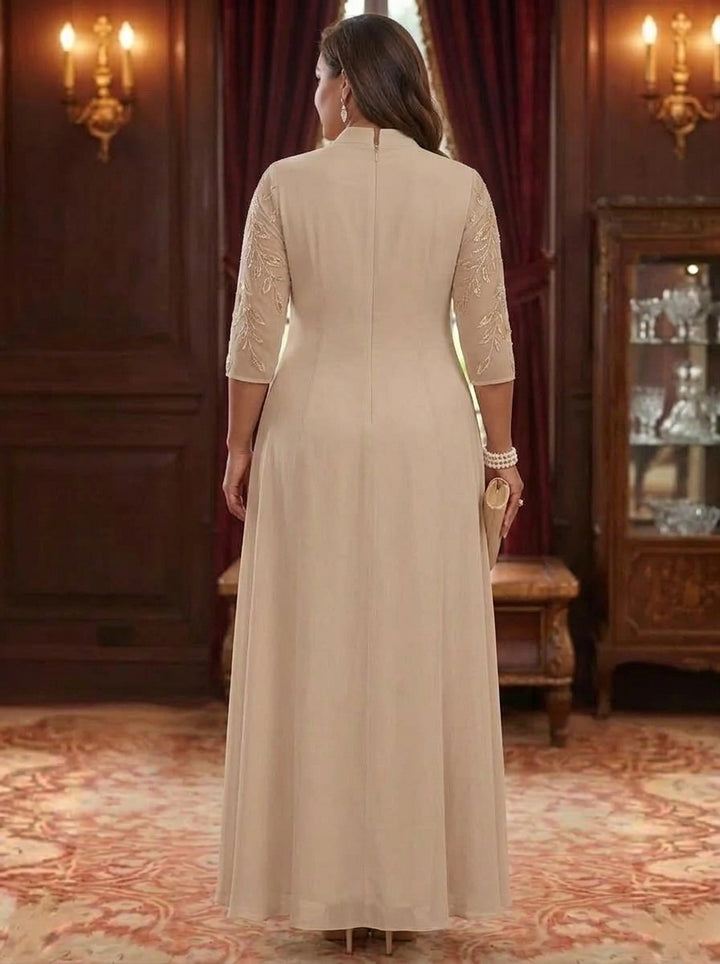 A-Line/Princess V-Neck Chiffon Plus Size Mother of the Bride Dresses Lace Sequins 3/4 Sleeves Ankle-Length