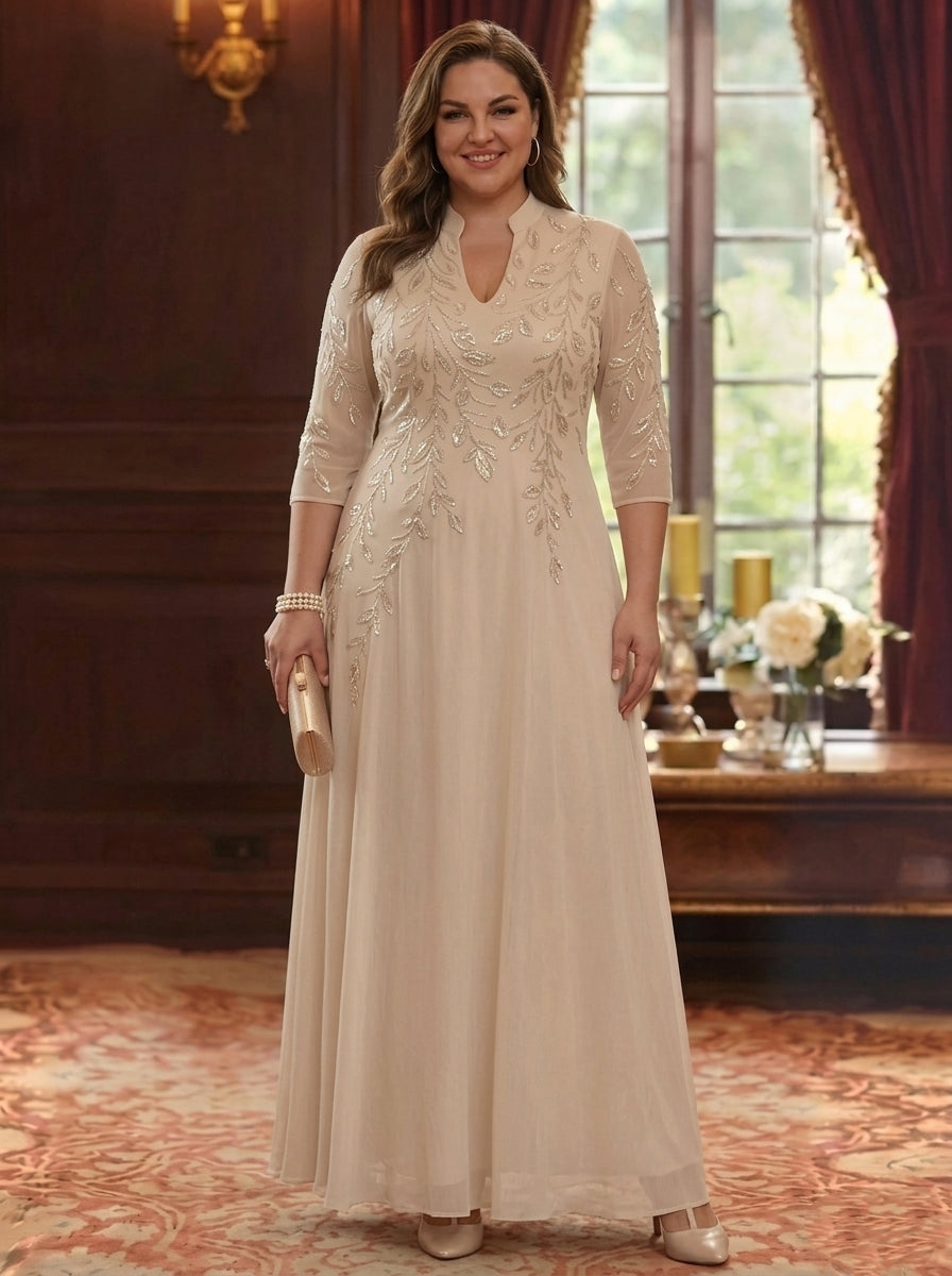 A-Line/Princess V-Neck Chiffon Plus Size Mother of the Bride Dresses Lace Sequins 3/4 Sleeves Ankle-Length