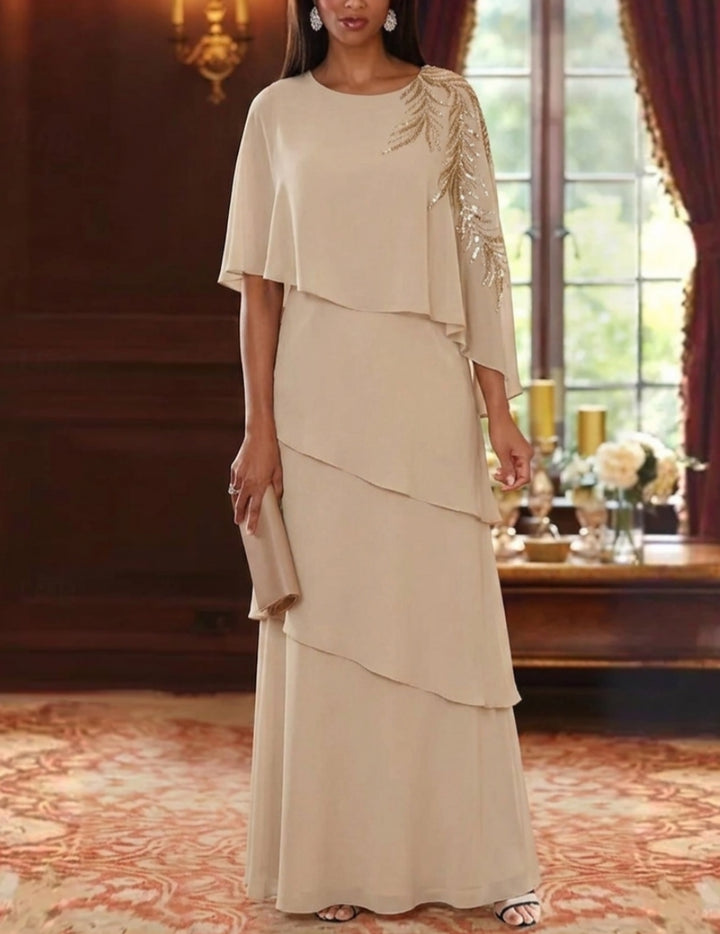 A-Line/Princess Scoop Chiffon Mother of the Bride Dresses Lace Sequins Cape Sleeves Ruffles Floor-Length