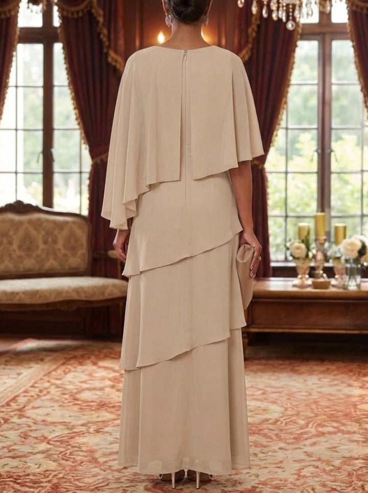 A-Line/Princess Scoop Chiffon Mother of the Bride Dresses Lace Sequins Cape Sleeves Ruffles Floor-Length