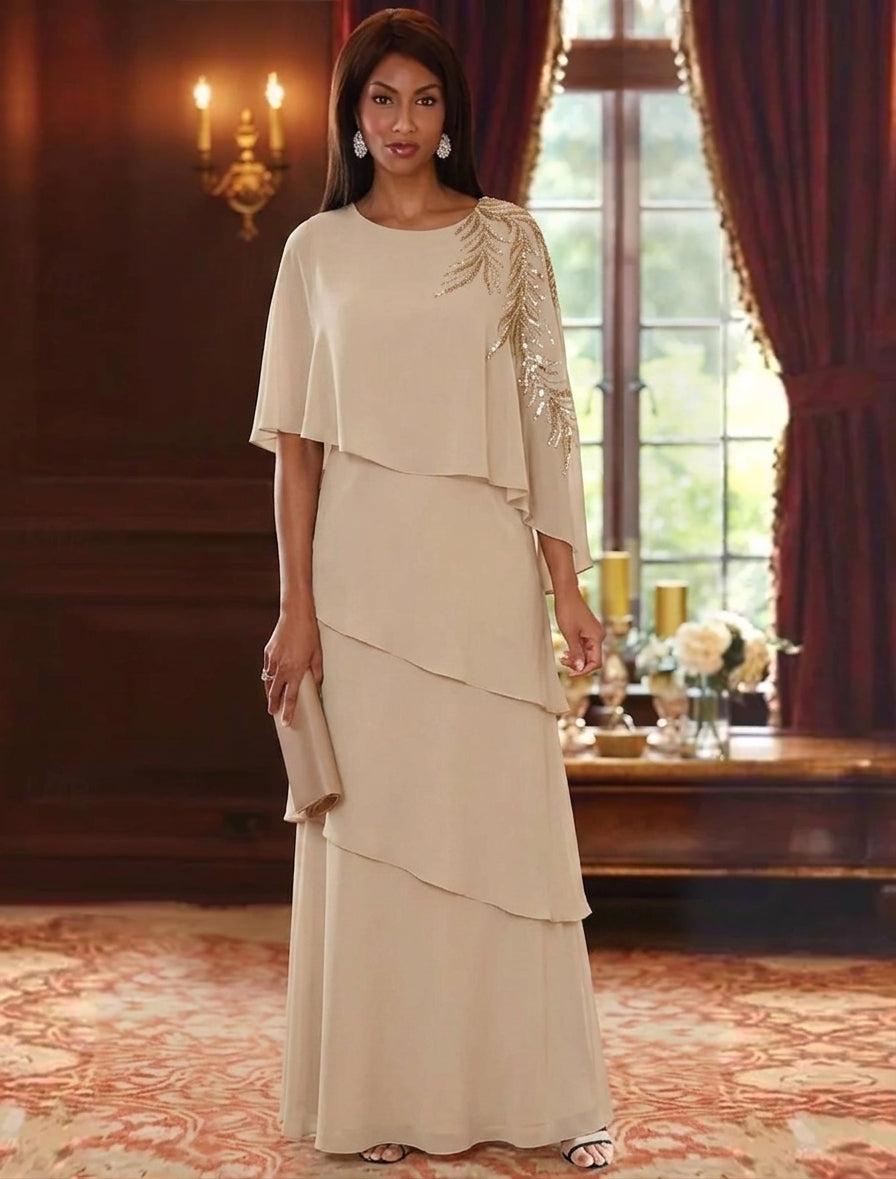 A-Line/Princess Scoop Chiffon Mother of the Bride Dresses Lace Sequins Cape Sleeves Ruffles Floor-Length