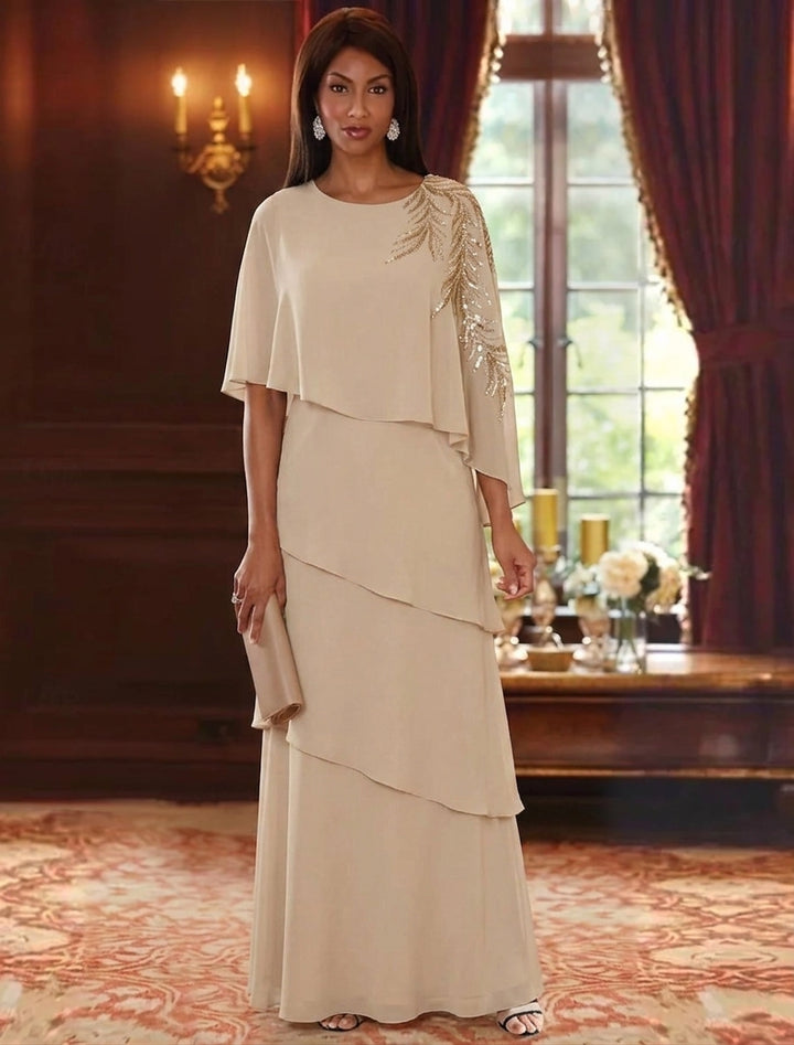 A-Line/Princess Scoop Chiffon Mother of the Bride Dresses Lace Sequins Cape Sleeves Ruffles Floor-Length