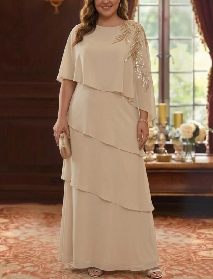 A-Line/Princess Scoop Chiffon Plus Size Mother of the Bride Dresses Lace Sequins Cape Sleeves Ruffles Floor-Length