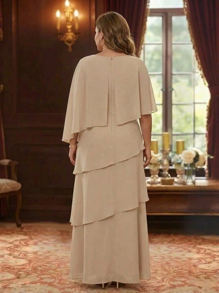 A-Line/Princess Scoop Chiffon Plus Size Mother of the Bride Dresses Lace Sequins Cape Sleeves Ruffles Floor-Length