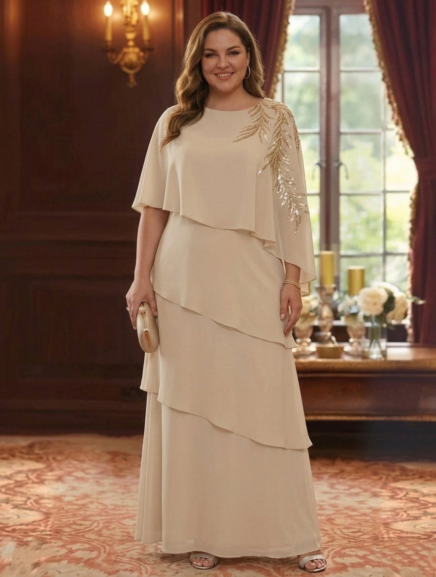 A-Line/Princess Scoop Chiffon Plus Size Mother of the Bride Dresses Lace Sequins Cape Sleeves Ruffles Floor-Length