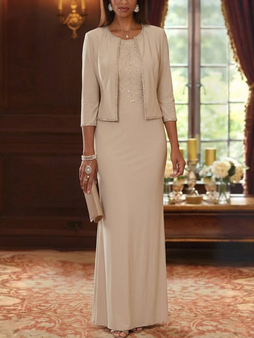 Sheath/Column Scoop Elastic Chiffon Mother of the Bride Dresses with Jacket Hot-Fix 3/4 Sleeves Floor-Length