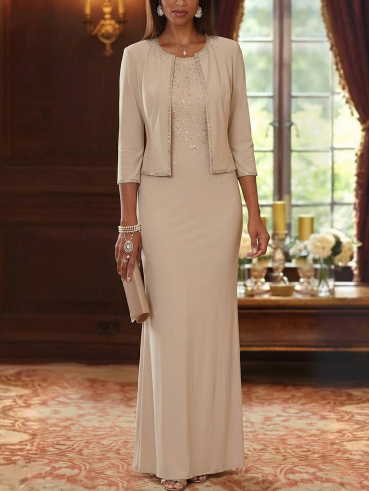 Sheath/Column Scoop Elastic Chiffon Mother of the Bride Dresses with Jacket Hot-Fix 3/4 Sleeves Floor-Length