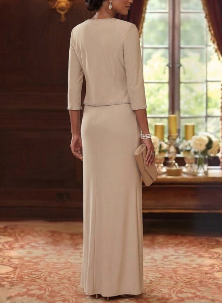 Sheath/Column Scoop Elastic Chiffon Mother of the Bride Dresses with Jacket Hot-Fix 3/4 Sleeves Floor-Length