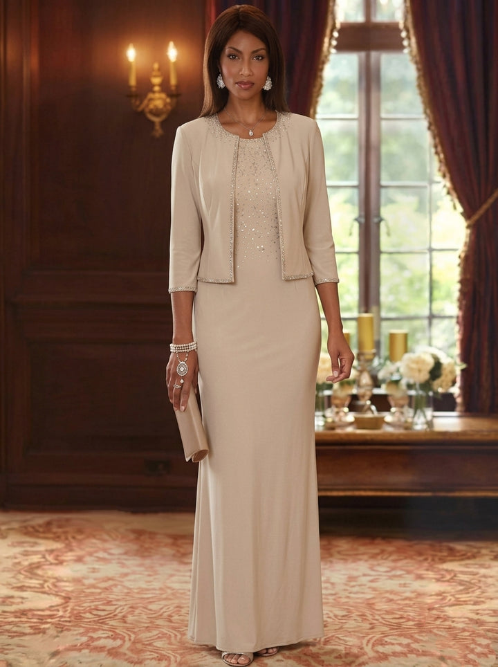 Sheath/Column Scoop Elastic Chiffon Mother of the Bride Dresses with Jacket Hot-Fix 3/4 Sleeves Floor-Length