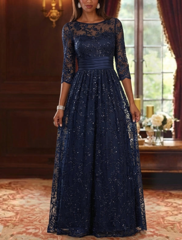 A-Line/Princess Scoop Mother of the Bride Dresses Lace Sequins 3/4 Sleeves Ruched Floor-Length