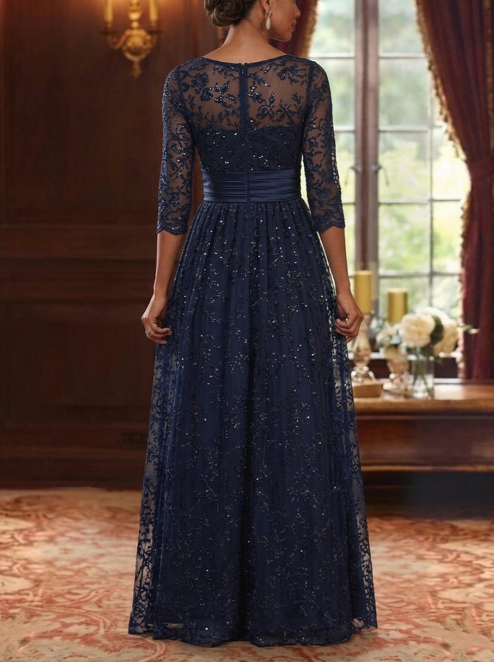 A-Line/Princess Scoop Mother of the Bride Dresses Lace Sequins 3/4 Sleeves Ruched Floor-Length