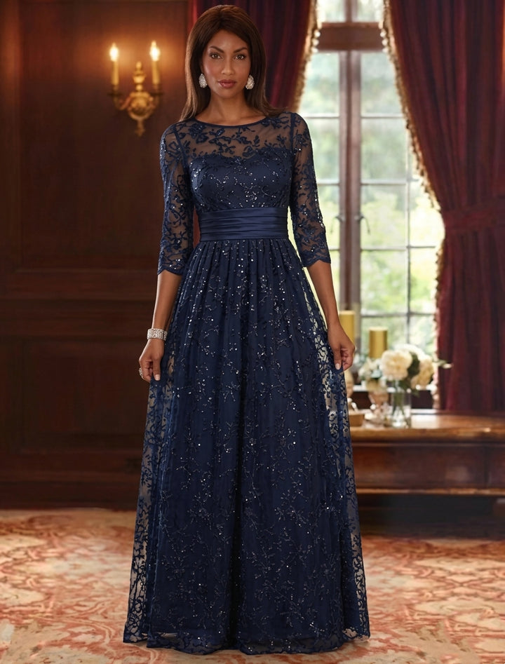 A-Line/Princess Scoop Mother of the Bride Dresses Lace Sequins 3/4 Sleeves Ruched Floor-Length