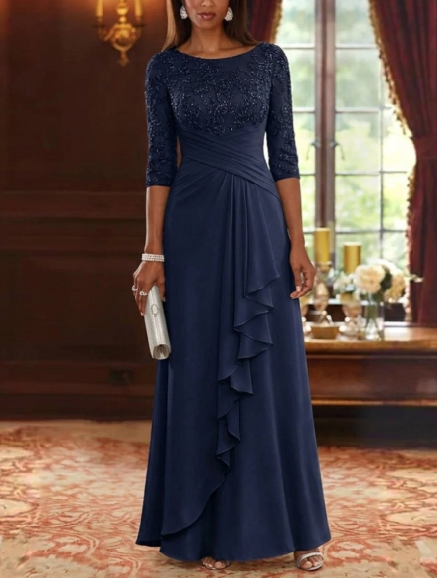 A-Line/Princess Scoop Chiffon Mother of the Bride Dresses Lace Sequins 3/4 Sleeves Ruffles Floor-Length