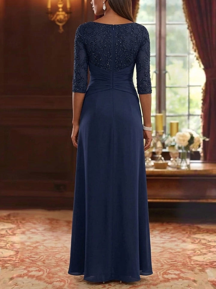 A-Line/Princess Scoop Chiffon Mother of the Bride Dresses Lace Sequins 3/4 Sleeves Ruffles Floor-Length