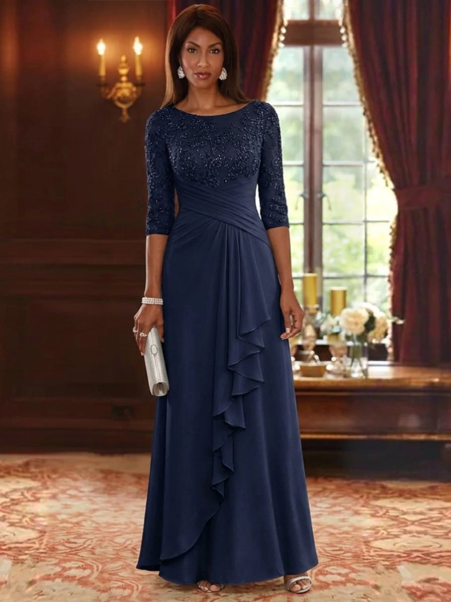 A-Line/Princess Scoop Chiffon Mother of the Bride Dresses Lace Sequins 3/4 Sleeves Ruffles Floor-Length