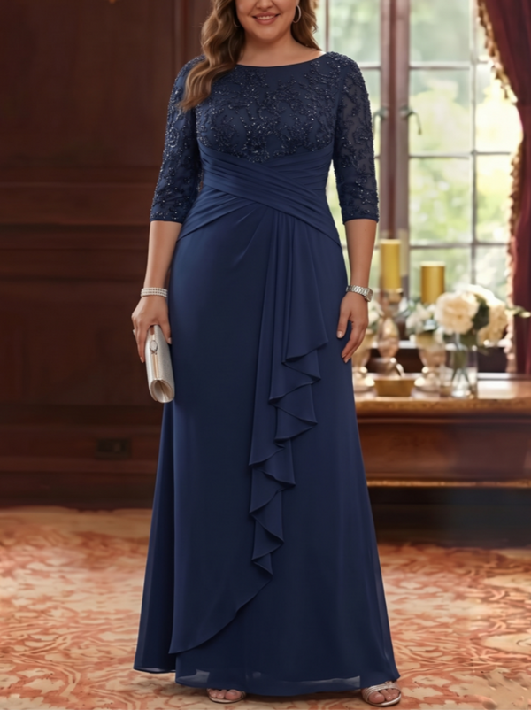 A-Line/Princess Scoop Chiffon Plus Size Mother of the Bride Dresses Lace Sequins 3/4 Sleeves Ruffles Floor-Length