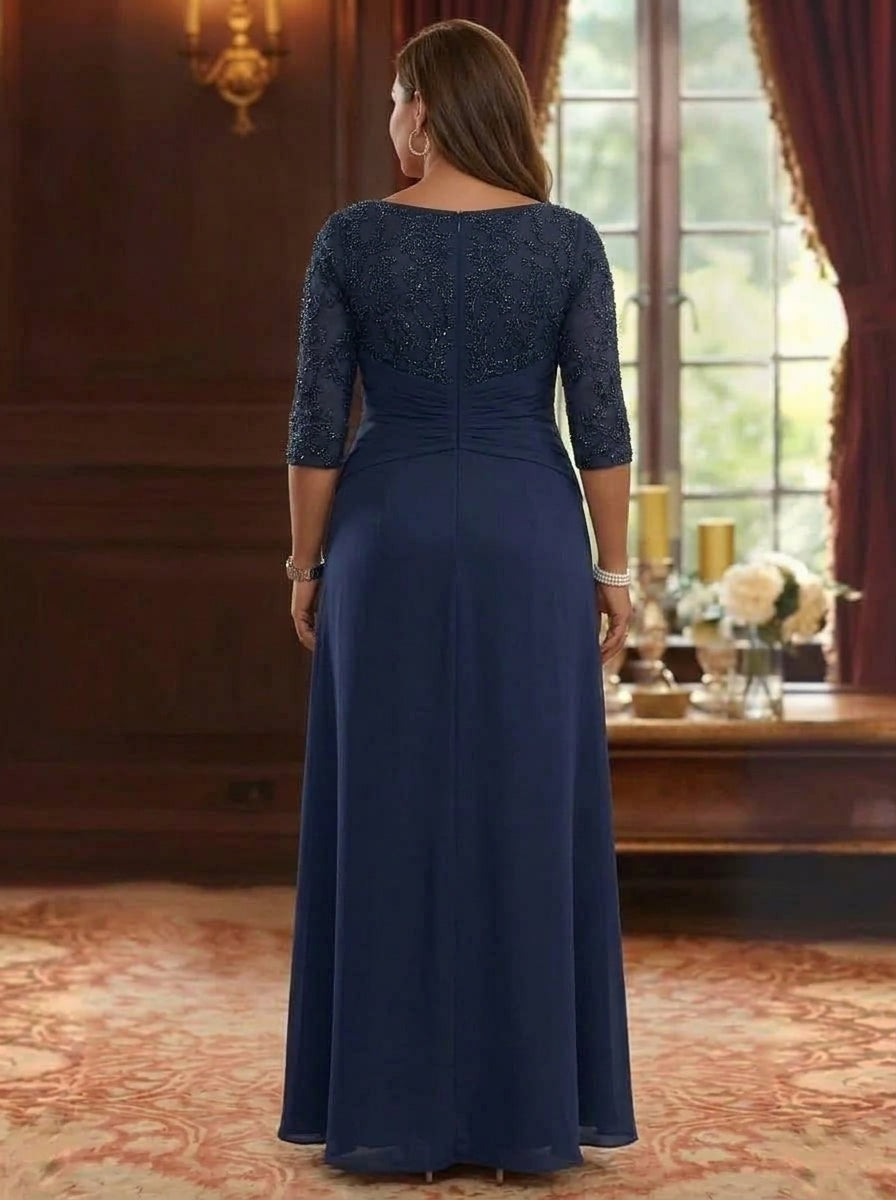A-Line/Princess Scoop Chiffon Plus Size Mother of the Bride Dresses Lace Sequins 3/4 Sleeves Ruffles Floor-Length