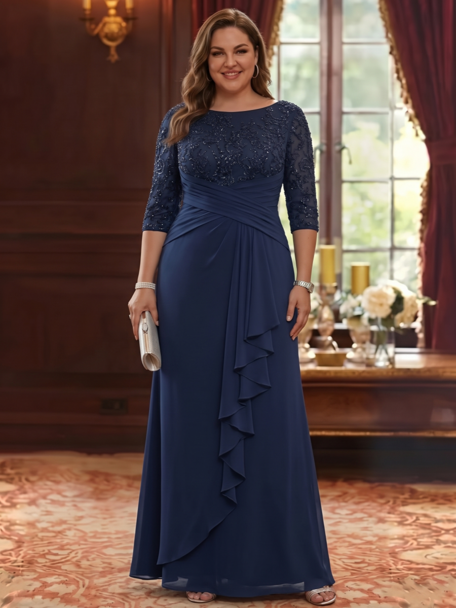 A-Line/Princess Scoop Chiffon Plus Size Mother of the Bride Dresses Lace Sequins 3/4 Sleeves Ruffles Floor-Length