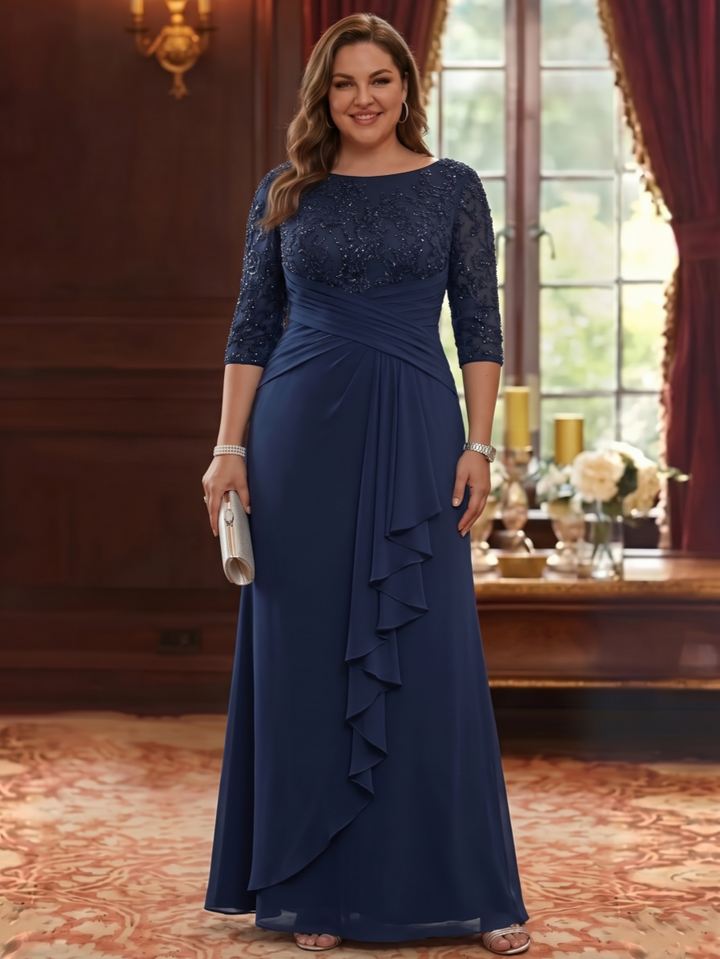 A-Line/Princess Scoop Chiffon Plus Size Mother of the Bride Dresses Lace Sequins 3/4 Sleeves Ruffles Floor-Length