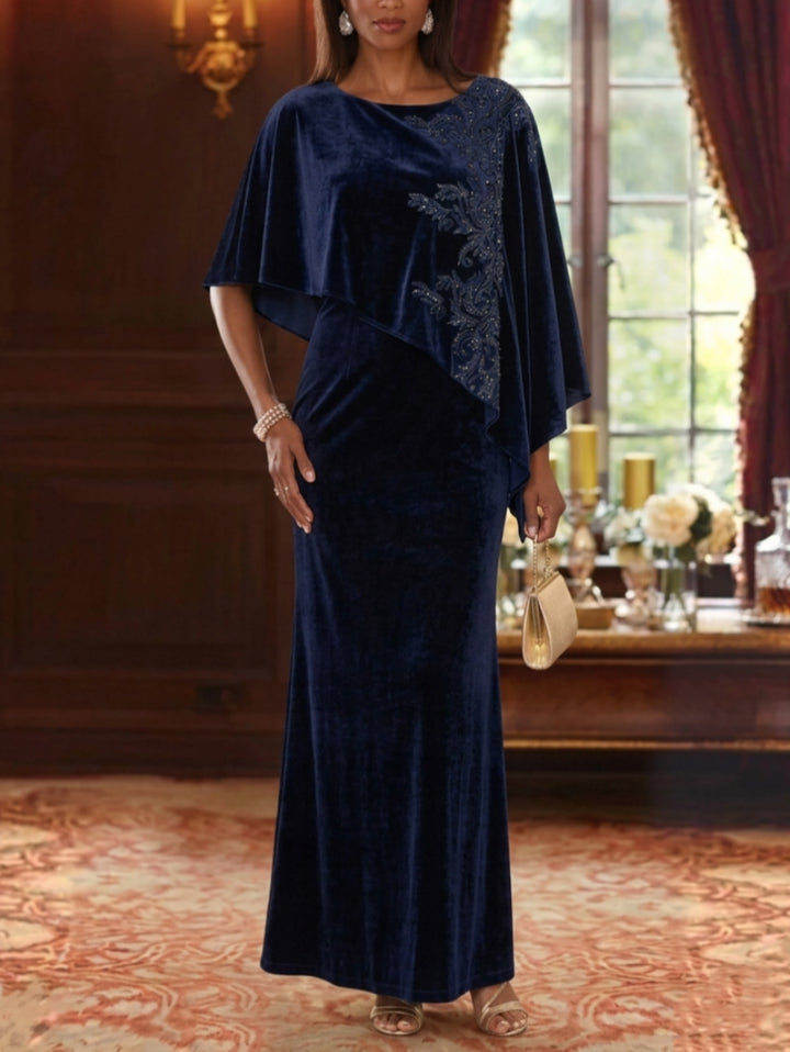 Sheath/Column Scoop Velvet Mother of the Bride Dresses Lace Sequins Cape Sleeves Ankle-Length