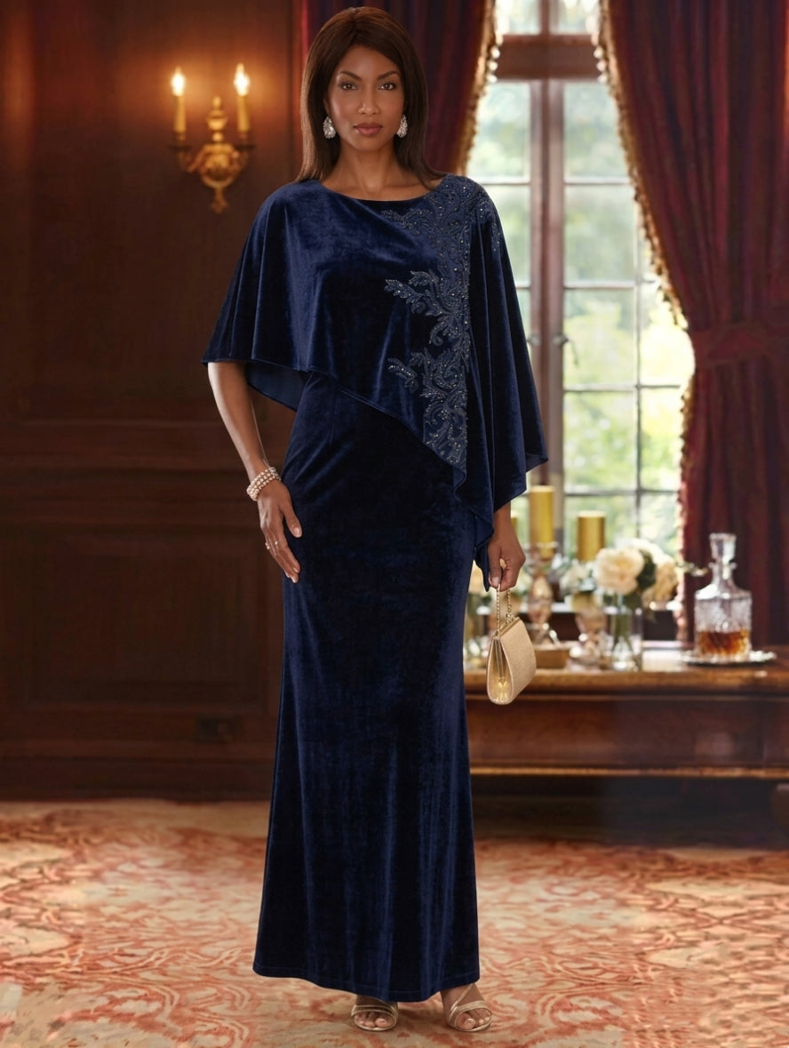 Sheath/Column Scoop Velvet Mother of the Bride Dresses Lace Sequins Cape Sleeves Ankle-Length