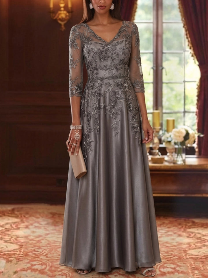 A-Line/Princess V-Neck Chiffon Mother of the Bride Dresses Lace 3/4 Sleeves Floor-Length