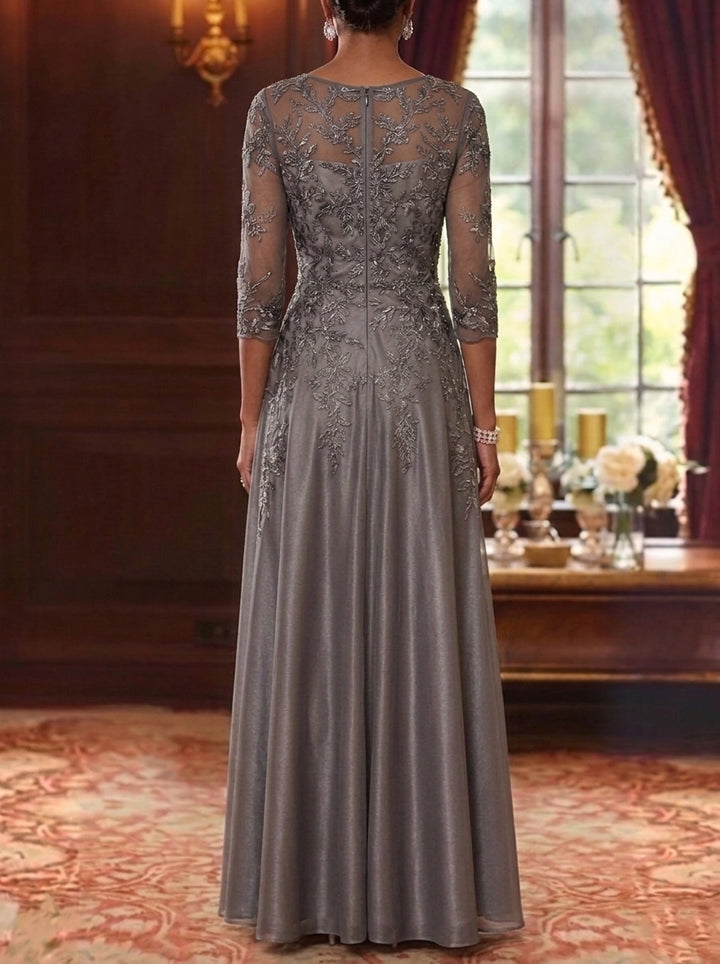 A-Line/Princess V-Neck Chiffon Mother of the Bride Dresses Lace 3/4 Sleeves Floor-Length