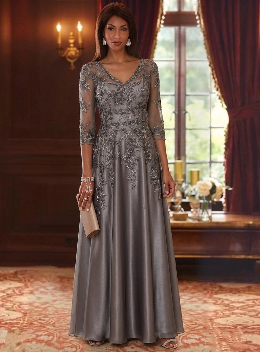 A-Line/Princess V-Neck Chiffon Mother of the Bride Dresses Lace 3/4 Sleeves Floor-Length