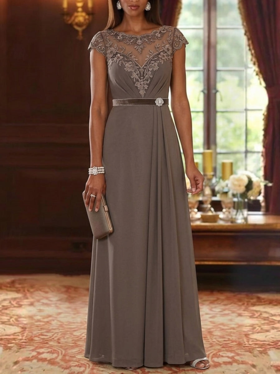 A-Line/Princess Scoop Chiffon Mother of the Bride Dresses Lace Cap Sleeves Floor-Length Ruffles
