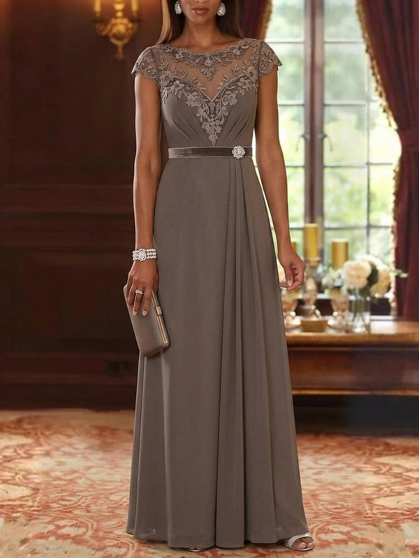 A-Line/Princess Scoop Chiffon Mother of the Bride Dresses Lace Cap Sleeves Floor-Length Ruffles