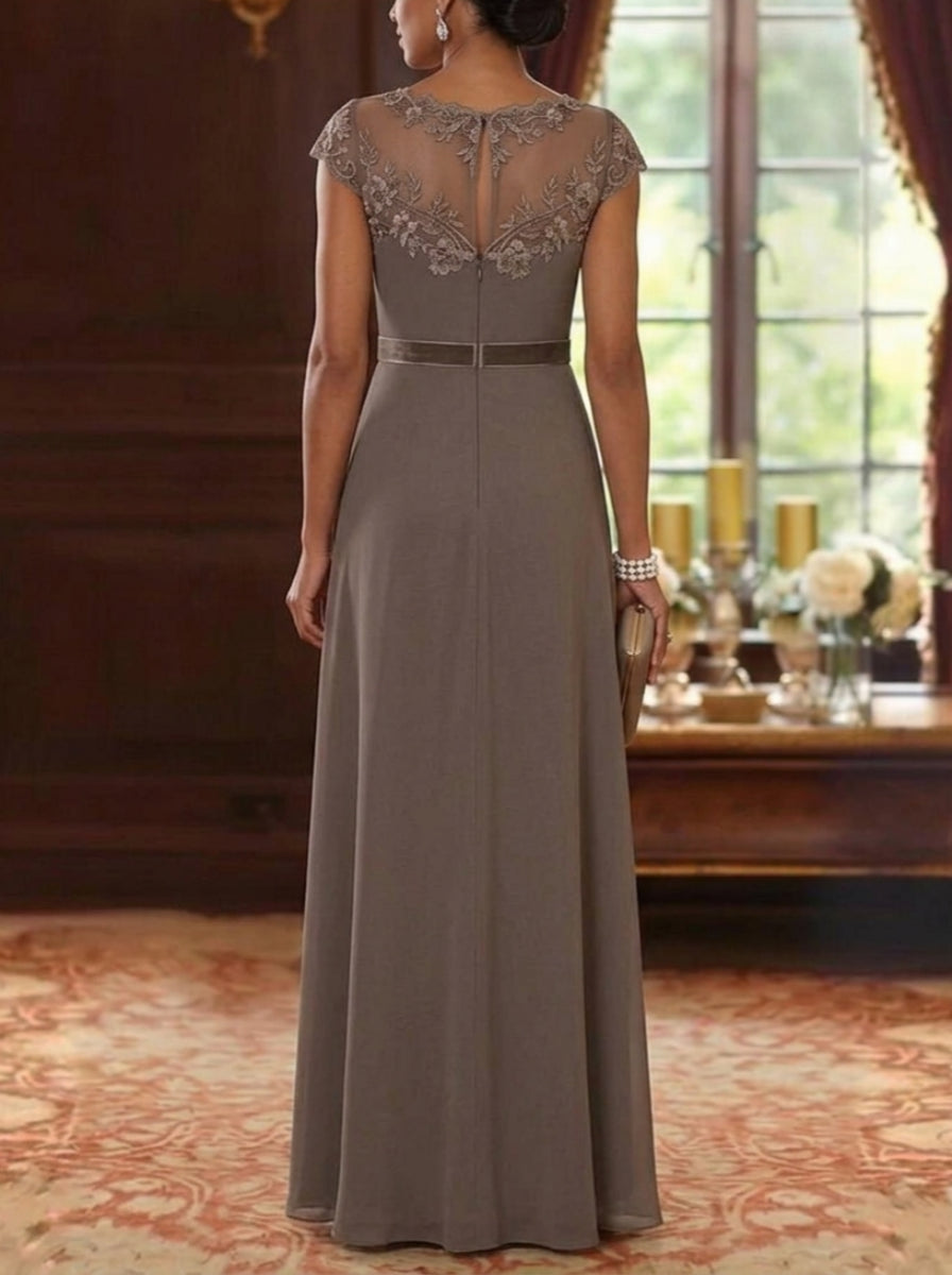A-Line/Princess Scoop Chiffon Mother of the Bride Dresses Lace Cap Sleeves Floor-Length Ruffles