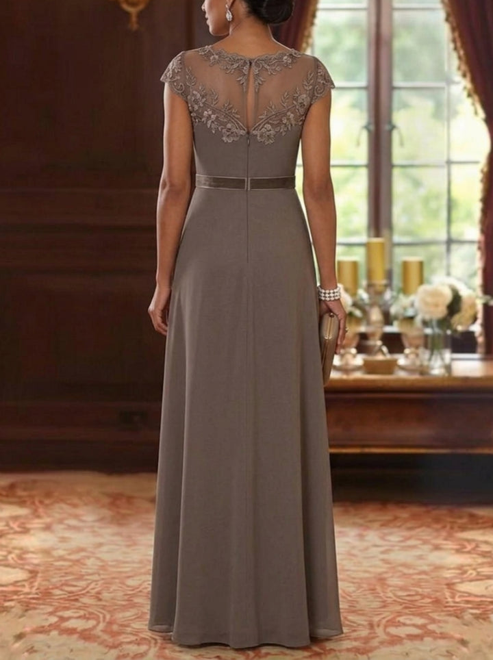 A-Line/Princess Scoop Chiffon Mother of the Bride Dresses Lace Cap Sleeves Floor-Length Ruffles