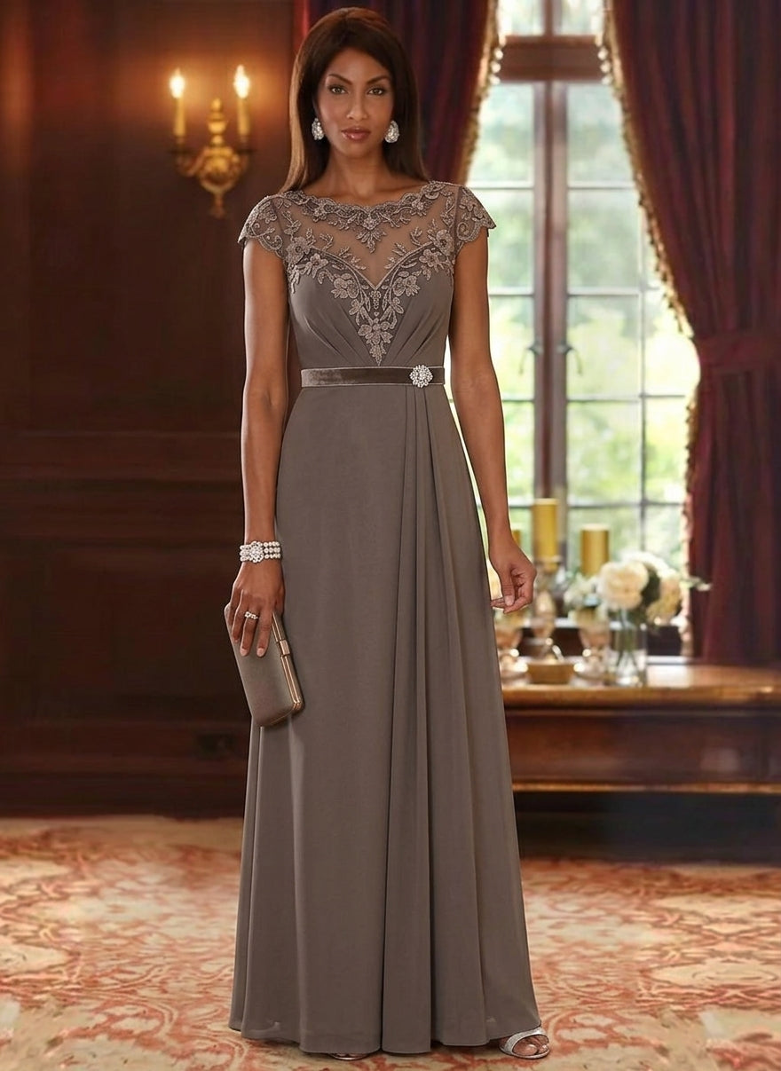 A-Line/Princess Scoop Chiffon Mother of the Bride Dresses Lace Cap Sleeves Floor-Length Ruffles
