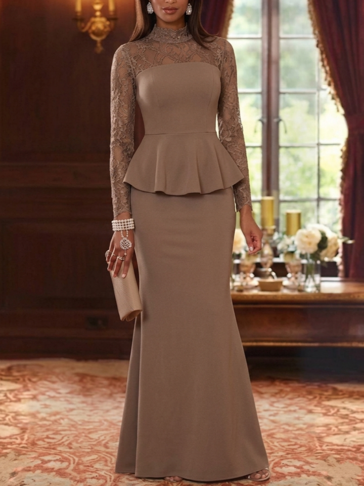 Trumpet/Mermaid Mock Neck Stretch Satin Mother of the Bride Dresses Lace Floor-Length Long Sleeves Ruffles