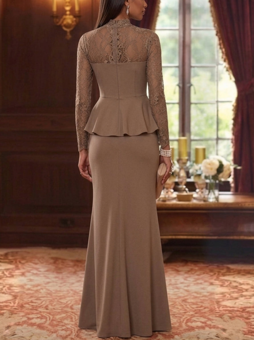 Trumpet/Mermaid Mock Neck Stretch Satin Mother of the Bride Dresses Lace Floor-Length Long Sleeves Ruffles