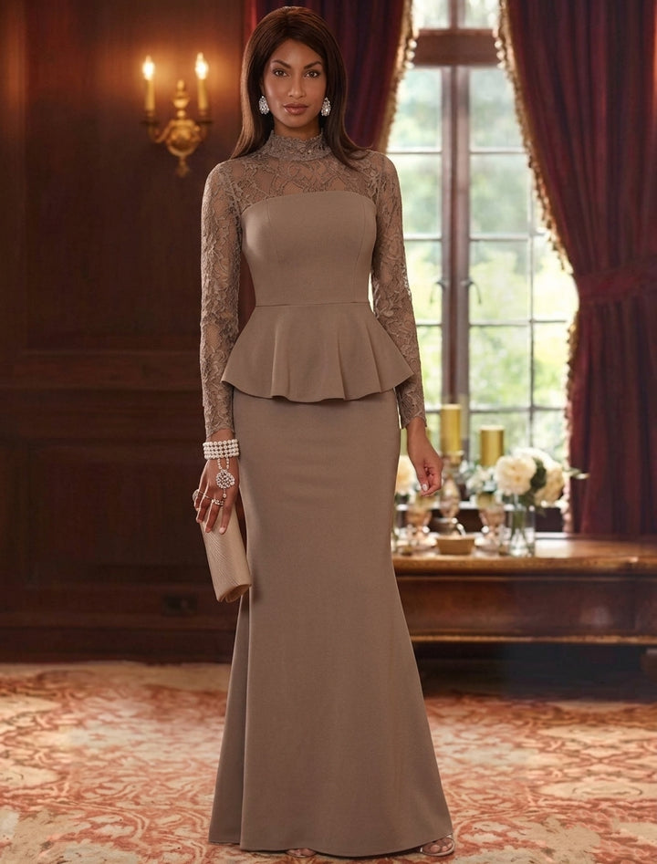 Trumpet/Mermaid Mock Neck Stretch Satin Mother of the Bride Dresses Lace Floor-Length Long Sleeves Ruffles